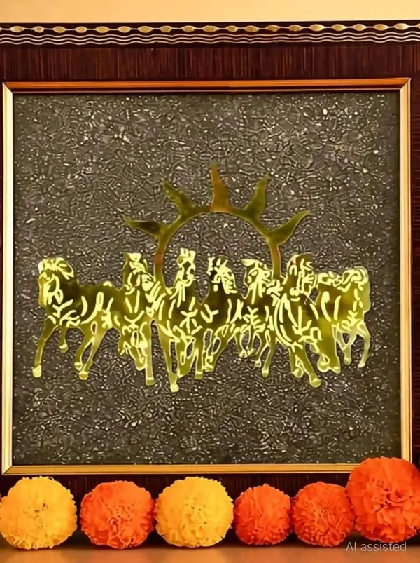 Multiagate_7_Horses_Photo_Frame_on_Raw_Pyrite_Decorative_Showpiece__-__17_cm_(Stone,_Gold)