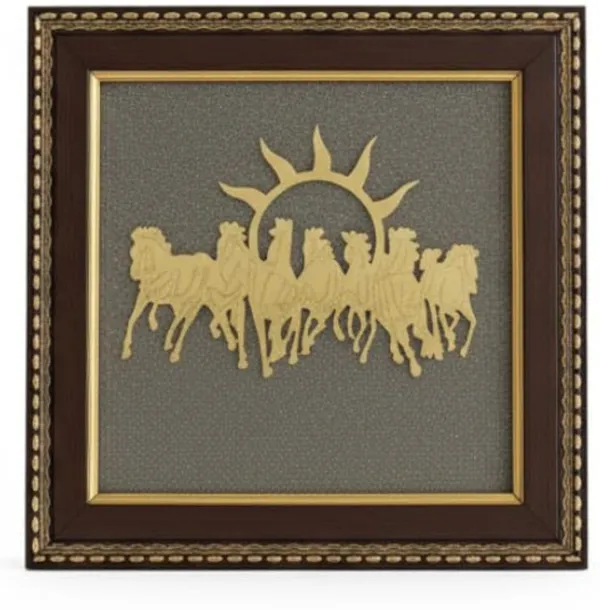 Multiagate_Seven_Horses_with_Rising_Sun_Wall_Frame_on_Natural_Pyrite_Base_Decorative_Showpiece__-__17_cm_(Stone,_Gold)