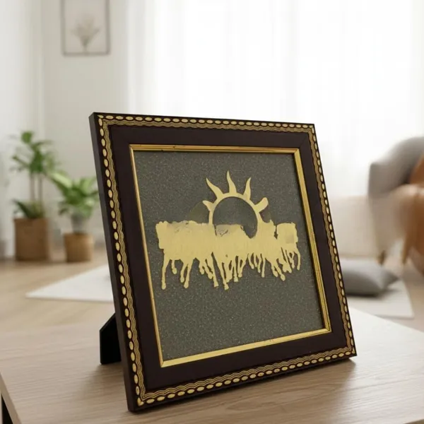 Multiagate_Seven_Horses_with_Rising_Sun_Wall_Frame_on_Natural_Pyrite_Base_Decorative_Showpiece__-__17_cm_(Stone,_Gold)