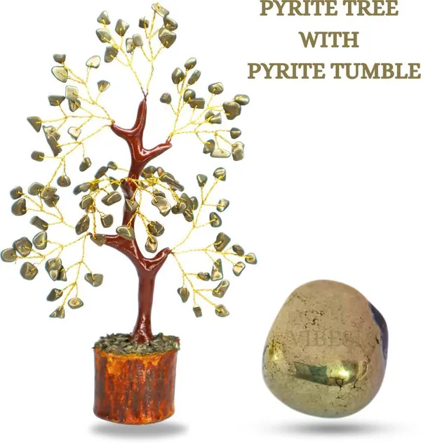 Multiagate_Combo_of_Pyrite_Crystal_Tree_with_Certified_Original_Pyrite_Tumble_Decorative_Showpiece__-__8_cm_(Stone,_Gold)