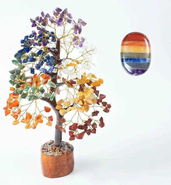 Multiagate_Seven_Chakra_Crystal_Tree_-_Seven_Chakra_Palm_Stone-_Worry_Stone_-_Good_Luck_Decorative_Showpiece__-__25_cm_(Stone,_Multicolor)