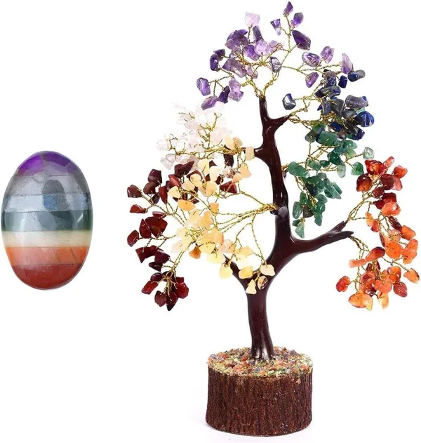 Multiagate_7_Chakra_Tree_of_Life_&_Worry_Stone_Artificial_-_Feng_Shui_Money_Tree_Decorative_Showpiece__-__25_cm_(Stone,_Multicolor)