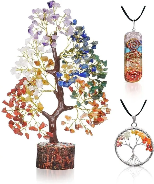 Multiagate_Seven_Chakra_Tree_of_Life_Pendant_and_7_Chakra_Crystal_Pendant_Combo_Decorative_Showpiece__-__28_cm_(Crystal,_Multicolor)