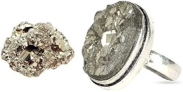 Multiagate_Natural_Pyrite_Cluster_and_Pyrite_Ring_with_Adjustable_Size_Attract_Wealth_Decorative_Showpiece__-__6_cm_(Stone,_Silver)