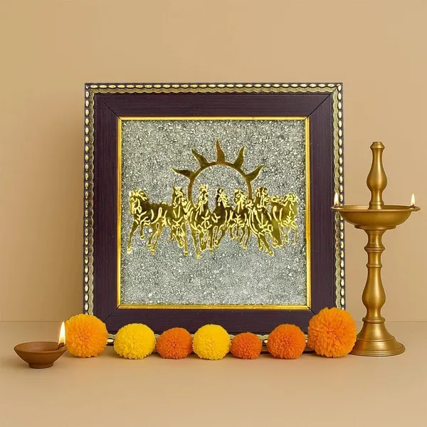 Multiagate_Seven_horses_pyrite_frame_for_power_and_strength_Decorative_Showpiece__-__17_cm_(Stone,_Gold)