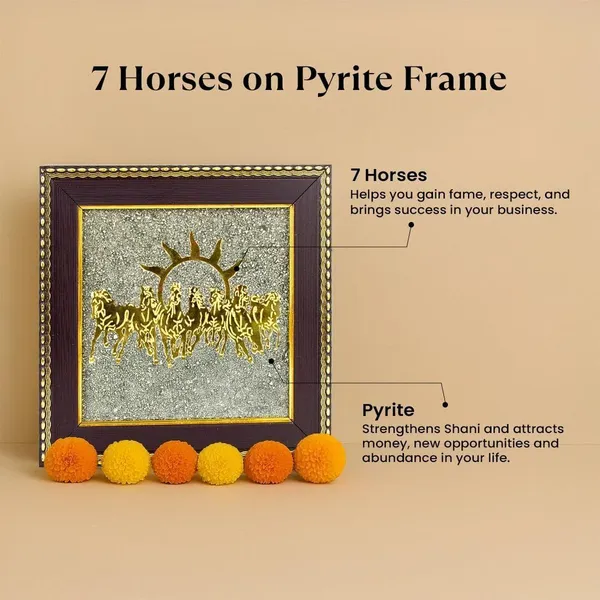 Multiagate_Seven_horses_pyrite_frame_for_power_and_strength_Decorative_Showpiece__-__17_cm_(Stone,_Gold)