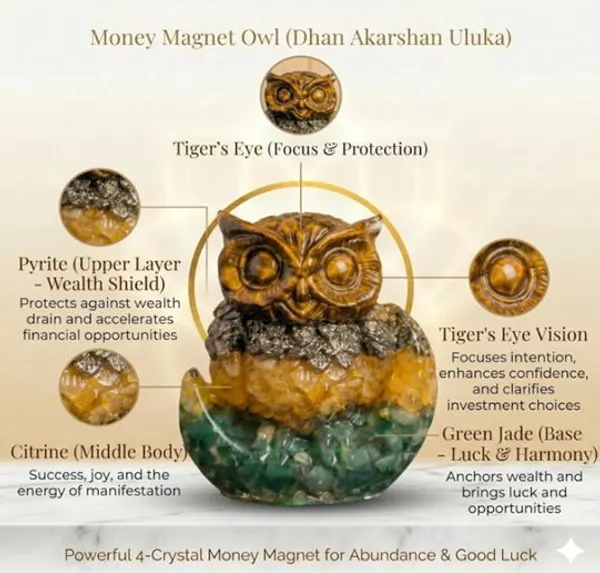 Agatesaura_Rudrakesha_Premium_Money_Magnet_Owl_&_Pyrite_Tortoise_Combo_for_Wealth_Decorative_Showpiece__-__8_cm_(Crystal,_Multicolor)