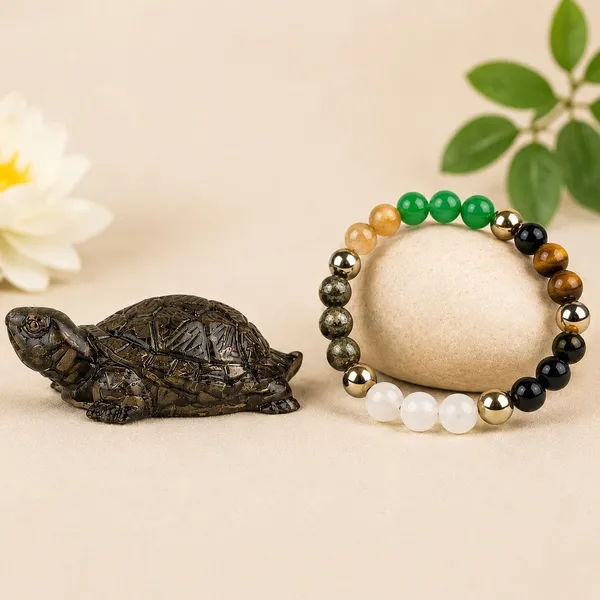 Agatesaura_Rudrakesha_Pyrite_Tortoise_and_Dhan_Yog_Bracelet_Combo_Decorative_Showpiece__-__7_cm_(Crystal,_Multicolor)