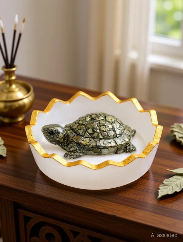 Agatesaura_Pyrite_Tortoise_Certified,Pyrite_Turtle(with_Selenite_Bowl)_Decorative_Showpiece__-__6.5_cm_(Stone,_Gold,_White)
