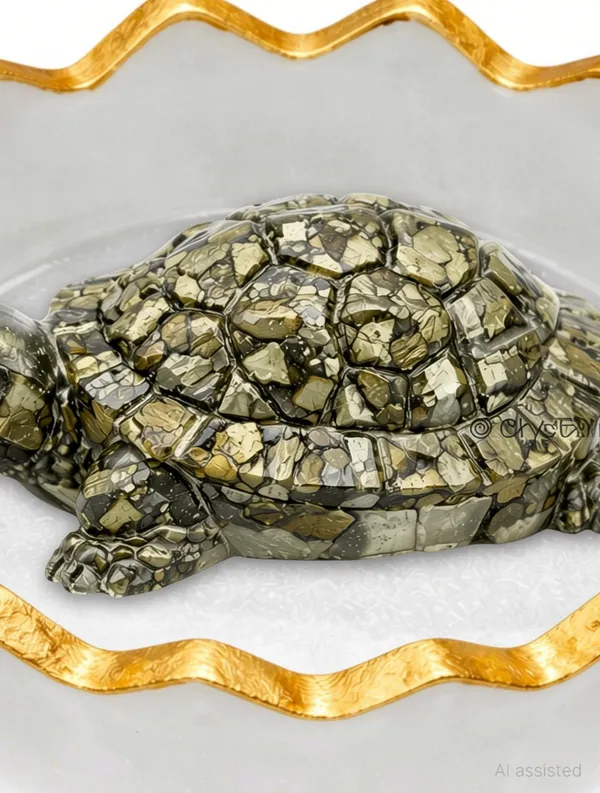 Agatesaura_Pyrite_Tortoise_Certified,Pyrite_Turtle(with_Selenite_Bowl)_Decorative_Showpiece__-__6.5_cm_(Stone,_Gold,_White)