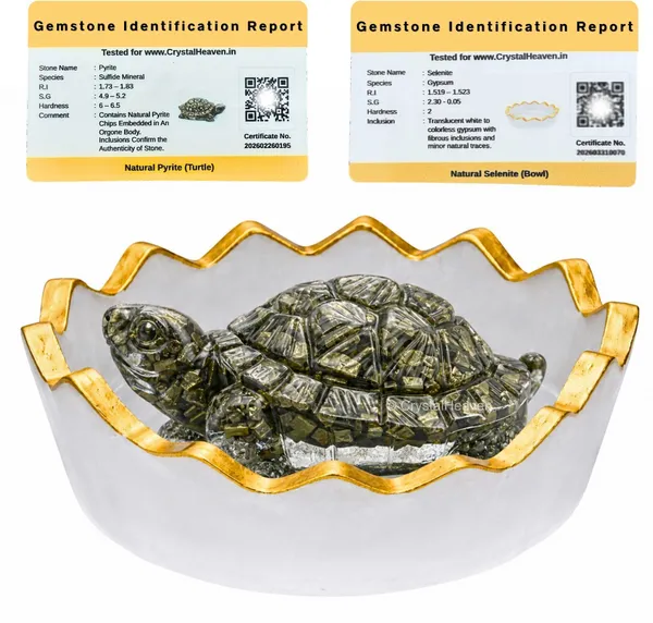 Agatesaura_Pyrite_Tortoise_Certified,Pyrite_Turtle(with_Selenite_Bowl)_Decorative_Showpiece__-__6.5_cm_(Stone,_Gold,_White)