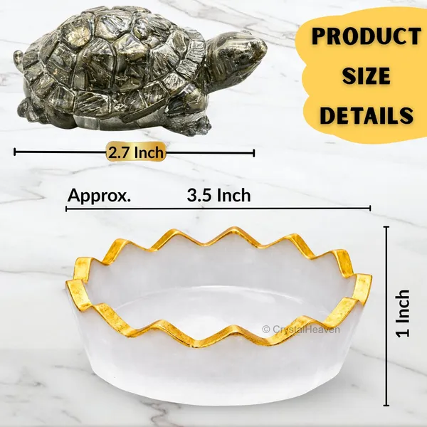 Agatesaura_Pyrite_Tortoise_Certified,Pyrite_Turtle(with_Selenite_Bowl)_Decorative_Showpiece__-__6.5_cm_(Stone,_Gold,_White)