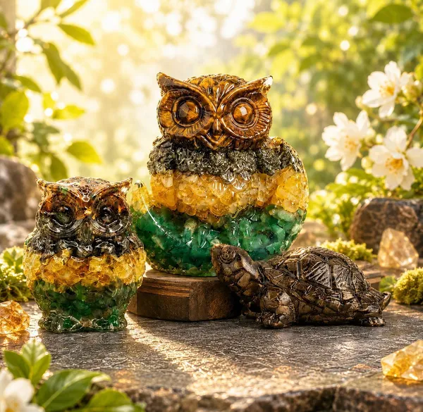Agatesaura_Rudrakesha_Money_Magnet_Big_&_Small_Owl_&_Pyrite_Tortoise_Combo_Decorative_Showpiece__-__7_cm_(Crystal,_Multicolor)
