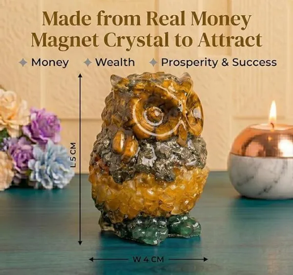 Agatesaura_Rudrakesha_Money_Magnet_Big_&_Small_Owl_&_Pyrite_Tortoise_Combo_Decorative_Showpiece__-__7_cm_(Crystal,_Multicolor)