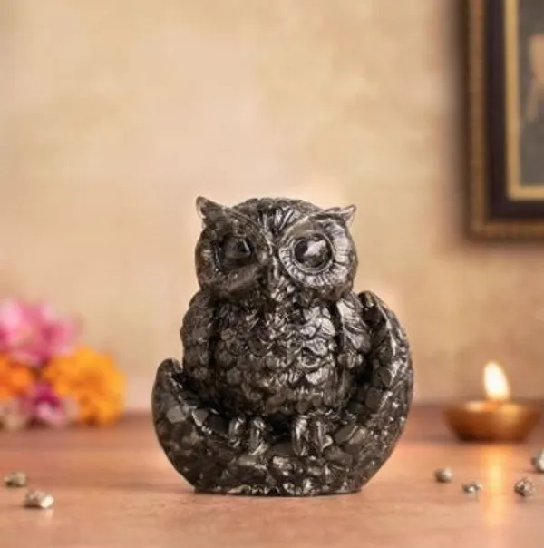 Multiagate_Pyrite_Owl_with_Moon_Base_for_Home_Office_Decor_Gift_Vastu_Feng_Shui_Owl_Decorative_Showpiece__-__9_cm_(Crystal,_Black)