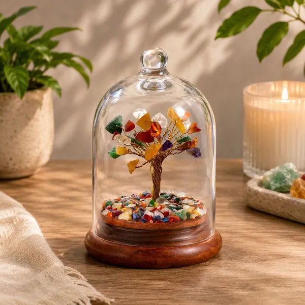 Multiagate_7_Chakra_Gemstone_Tree_in_Glass_Dome_with_Wooden_Base_|_Home_&_Office_Decorative_Showpiece__-__15_cm_(Glass,_Stone,_Wood,_Crystal,_Multicolor)