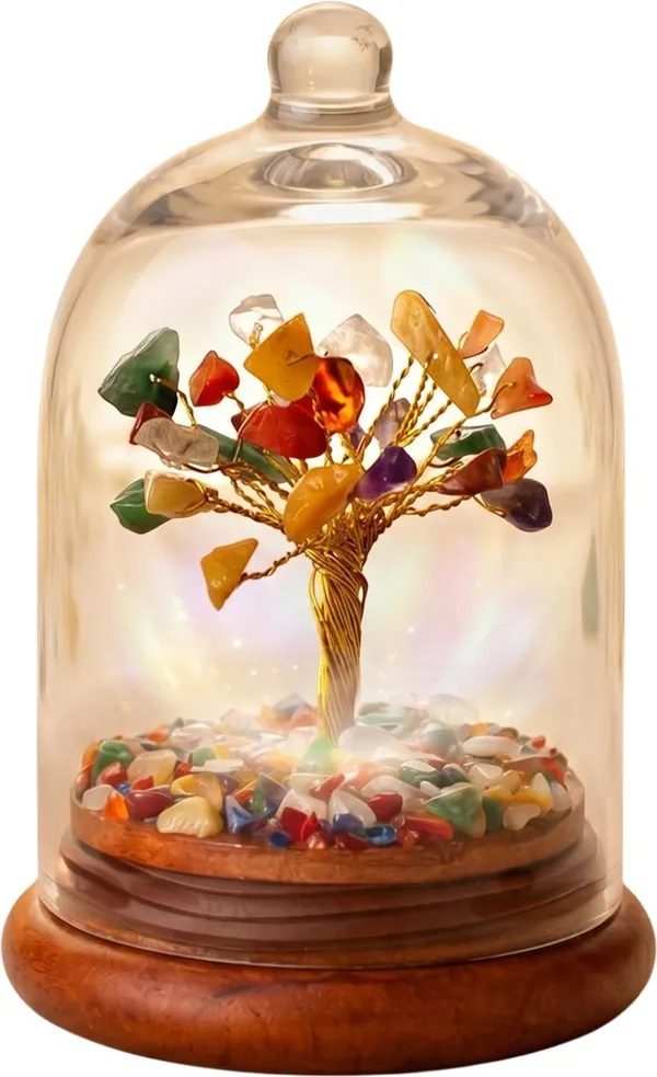 Multiagate_7_Chakra_Crystal_Tree_with_Glass_Dome_for_Home_Decor_&_Meditation_Gift_Decorative_Showpiece__-__15_cm_(Glass,_Stone,_Wood,_Crystal,_Multicolor)