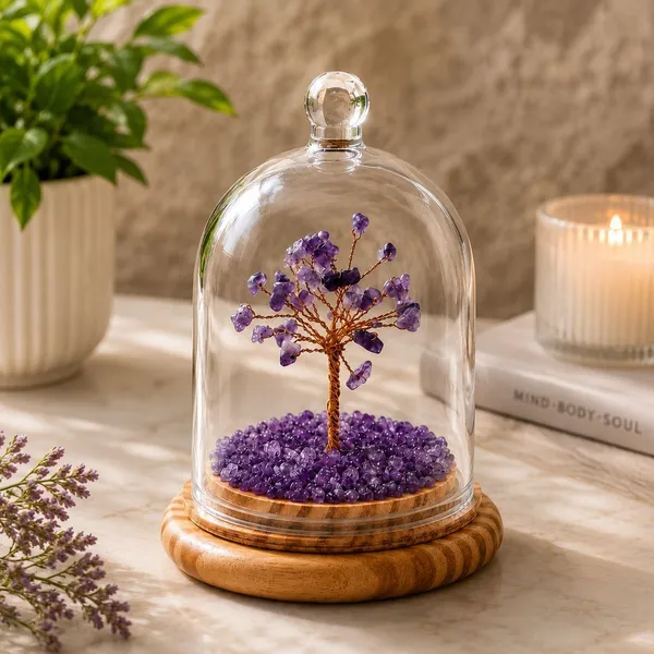 Multiagate_Natural_Amethyst_Gemstone_Crystal_Tree_Under_Glass_Cloche_|_Home_&_Office_Decorative_Showpiece__-__15_cm_(Glass,_Stone,_Wood,_Crystal,_Purple)