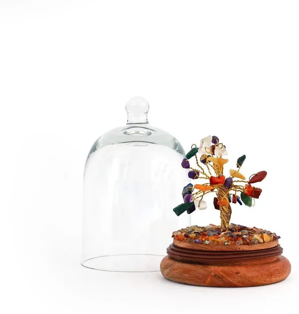 Multiagate_7-Chakra_Wish_Tree_in_Glass_Dome_-_Spiritual_Home_Decorative_Showpiece__-__12_cm_(Glass,_Stone,_Wood,_Crystal,_Multicolor)