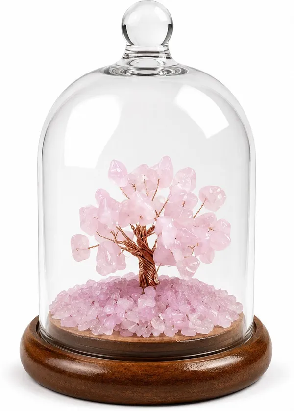 Multiagate_Rose_Quartz_Gemstone_Tree_in_Glass_Dome_with_Wooden_Base_|_Home_&_Office_Decorative_Showpiece__-__15_cm_(Glass,_Stone,_Wood,_Crystal,_Pink)