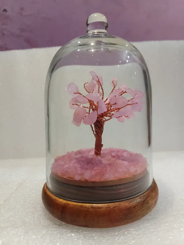 Multiagate_The_rose_quartz_dome_tree_Decorative_Showpiece__-__20_cm_(Glass,_Stone,_Wood,_Crystal,_Pink,_Brown)