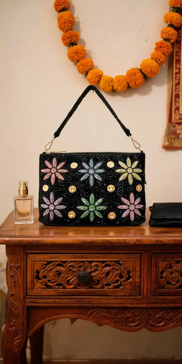 Black_Beaded_Floral_Shoulder_Bag_For_Women
