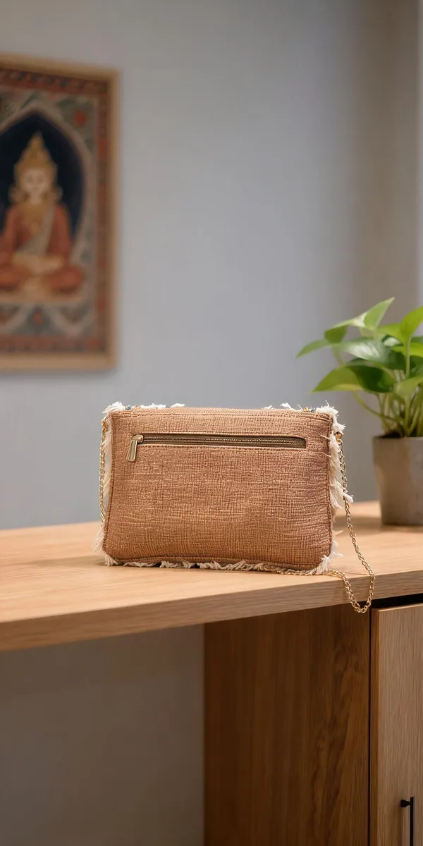 Gold_And_Brown_Fabric_Embellished_Sling_Bag_For_Women