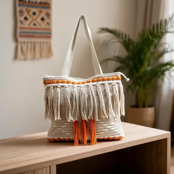 Beige_And_Orange_Woven_Fringe_Tote_Bag_For_Women