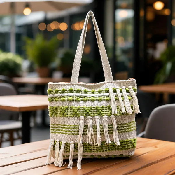 Beige_And_Green_Cotton_Fringed_Tote_Bag_For_Women