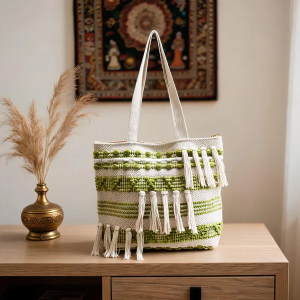 Beige_And_Green_Cotton_Fringed_Tote_Bag_For_Women