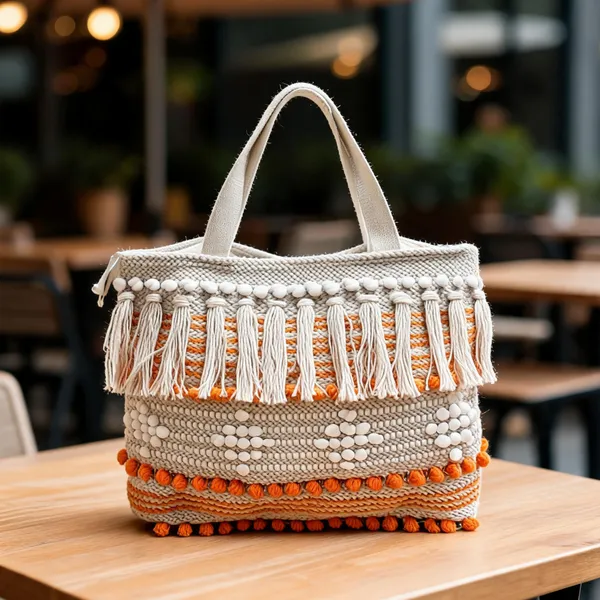 Beige_And_Orange_Woven_Embellished_Tote_Bag_For_Women
