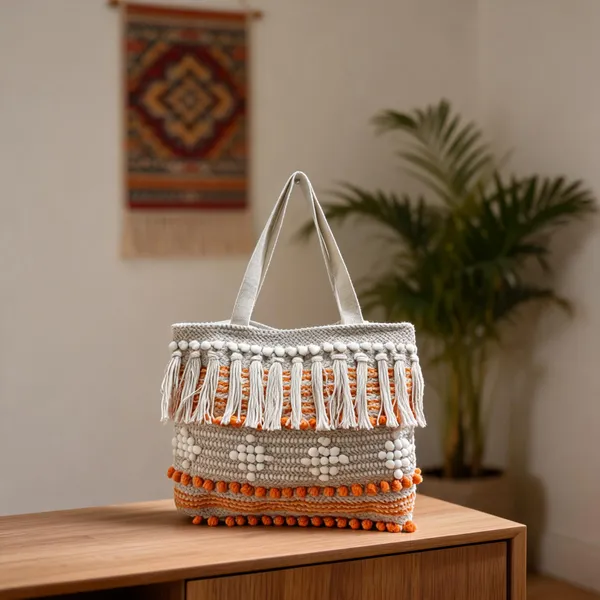Beige_And_Orange_Woven_Embellished_Tote_Bag_For_Women