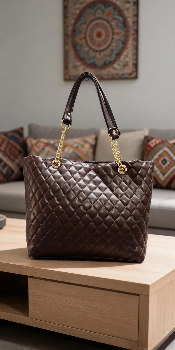 Dark_Brown_Quilted_Tote_Handbag_For_Women