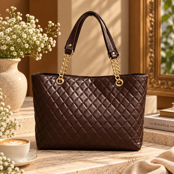 Dark_Brown_Quilted_Tote_Handbag_For_Women