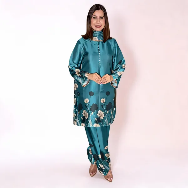 Teal_Satin_Floral_Print_Straight_Kurta_Set_for_Women