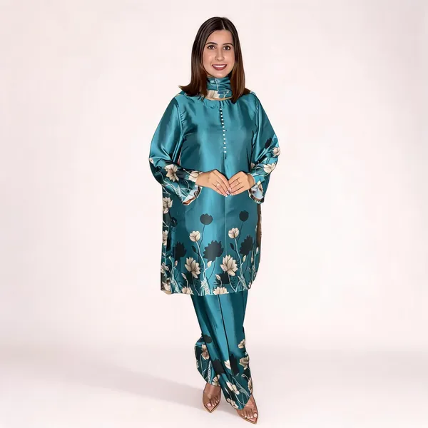 Teal_Satin_Floral_Print_Straight_Kurta_Set_for_Women