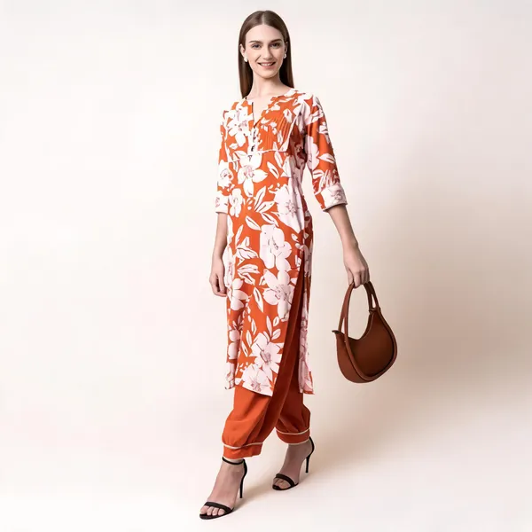 Orange_Floral_Print_Straight_Kurta_Set_For_Women