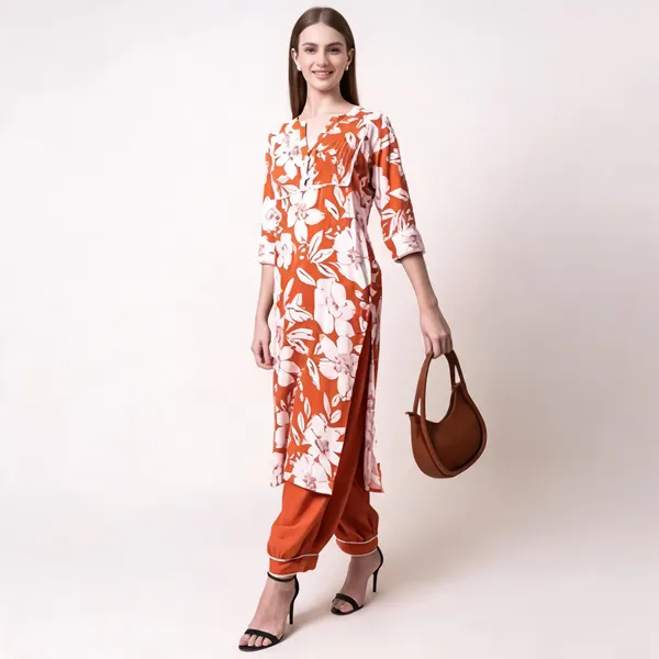 Orange_Floral_Print_Straight_Kurta_Set_For_Women