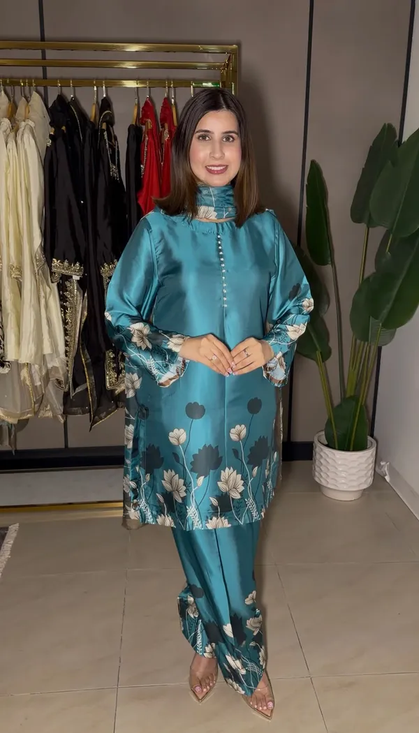 Teal_Satin_Floral_Print_Straight_Kurta_Set_for_Women