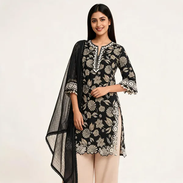Black_Rayon_Printed_Kurta_Set_With_Dupatta_For_Women