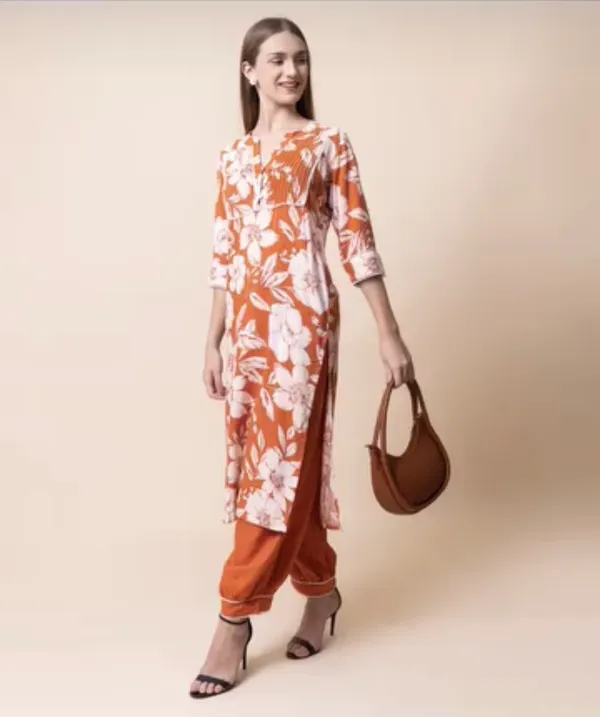 Orange_Floral_Print_Straight_Kurta_Set_For_Women