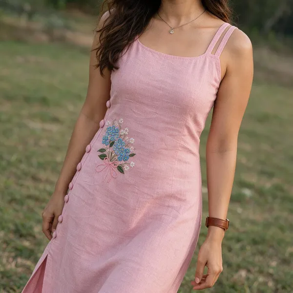 Pink_Linen_Relaxed_Fit_Midi_Dress_For_Women