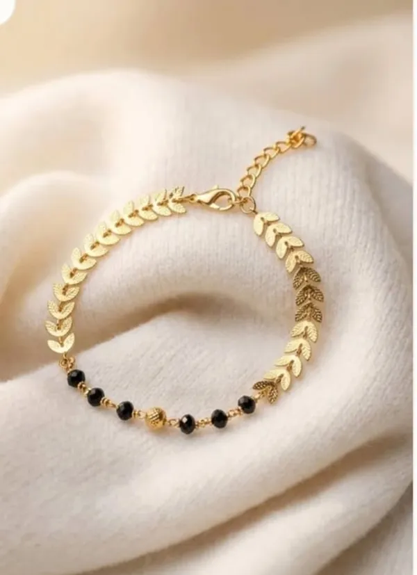 Gold_Tone_Leaf_Design_Black_Beaded_Bracelet