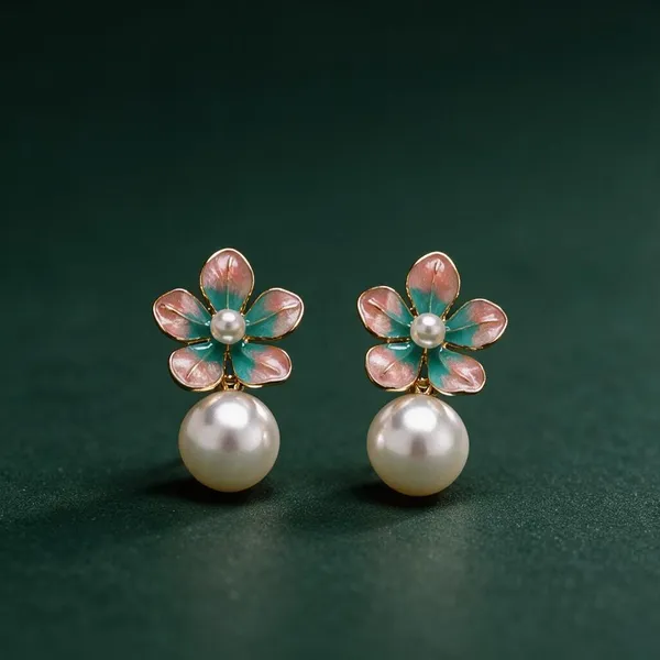 Pink_Floral_Pearl_Drop_Earrings_For_Women