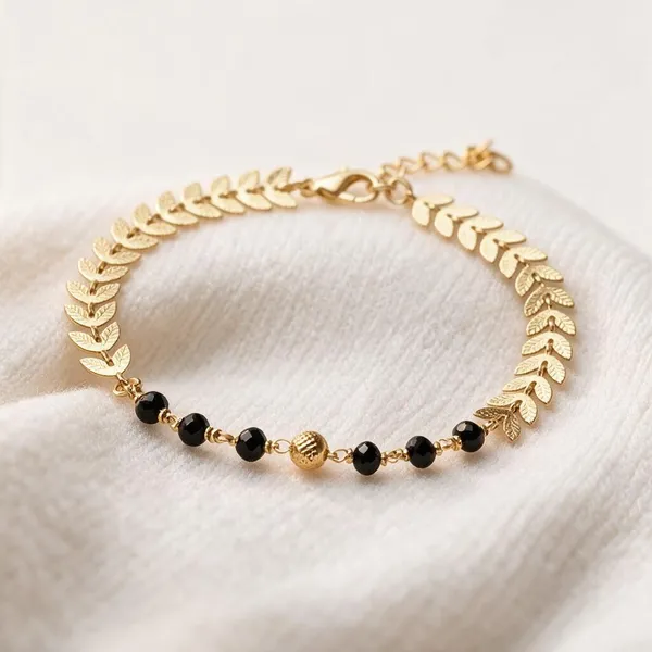 Gold_Tone_Leaf_Design_Black_Beaded_Bracelet