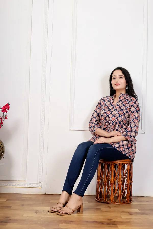 Navy_Printed_Flared_Kurti_For_Women