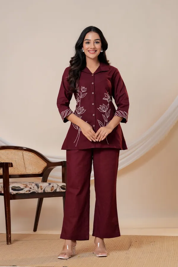 Maroon_Floral_Embroidered_Shirt_Style_Co_Ord_Set_For_Women