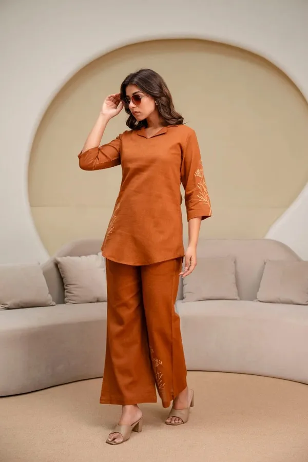 Rust_Embroidered_Kurta_Set_For_Women