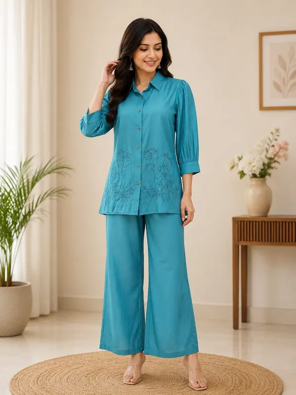 Teal_Embroidered_Mal_Chanderi_Straight_Shirt_Palazzo_Co_Ord_Set_For_Women