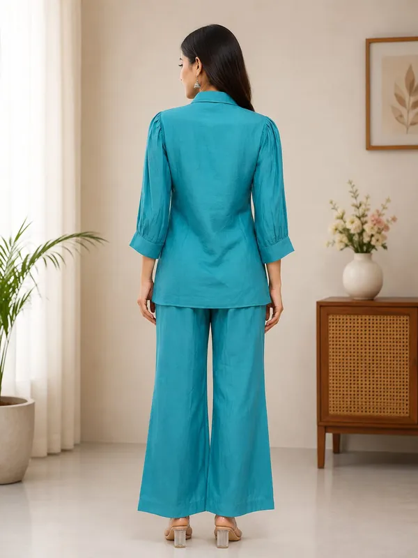 Teal_Embroidered_Mal_Chanderi_Straight_Shirt_Palazzo_Co_Ord_Set_For_Women